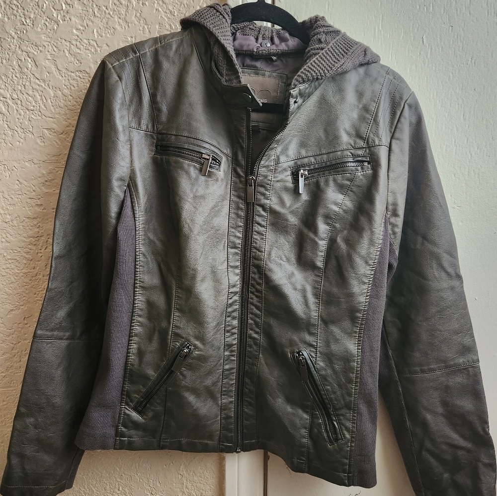 maurices- faux leather jacket w/ knit hood